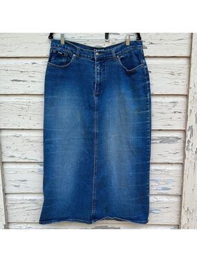 Vintage Hi Jeans 90S Denim Maxi Distressed Whiskering Column Skirt H1